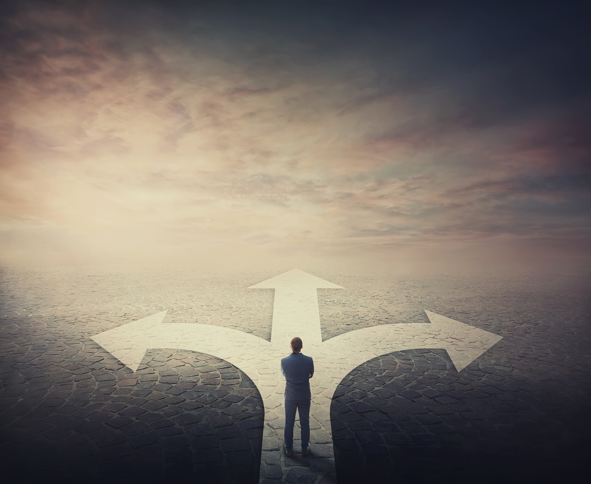 A person considering three paths towards a new horizon